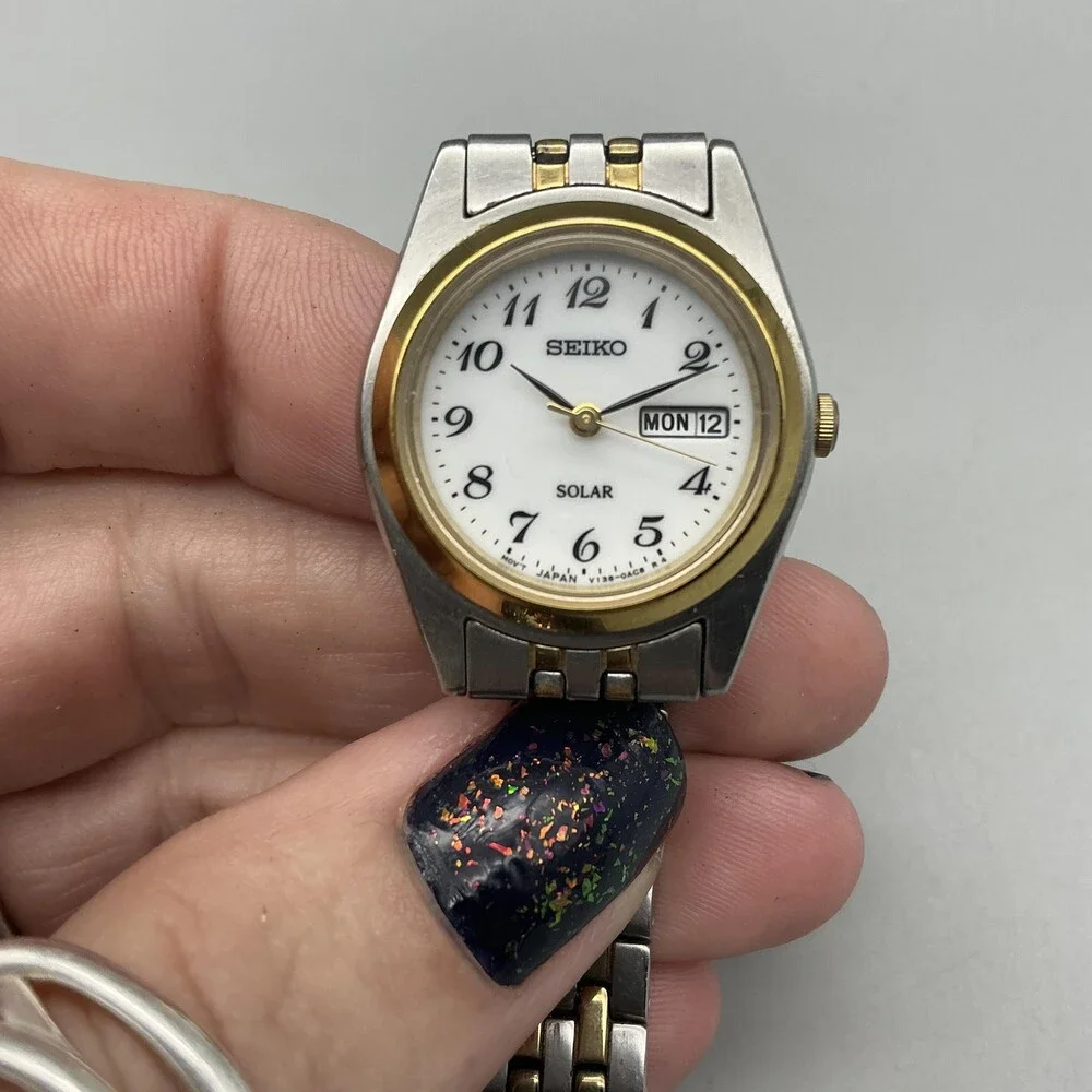 Seiko Solar Womens Watch 25mm V138-0AA0 Two Tone Day Date Bracelet 6.5